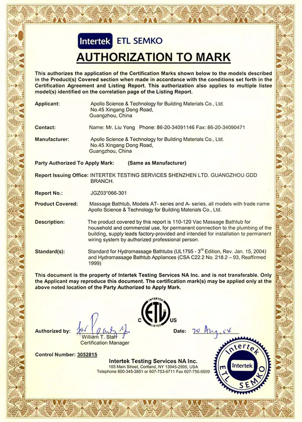 Appollo's North American ETL certificate